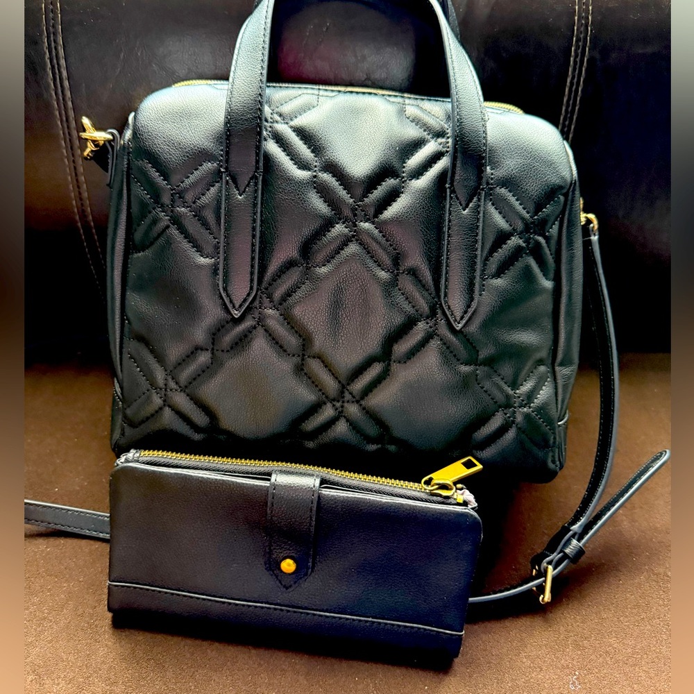 Sydney Satchel Black Black Quilted Handbag Set with Wallet - Fossil